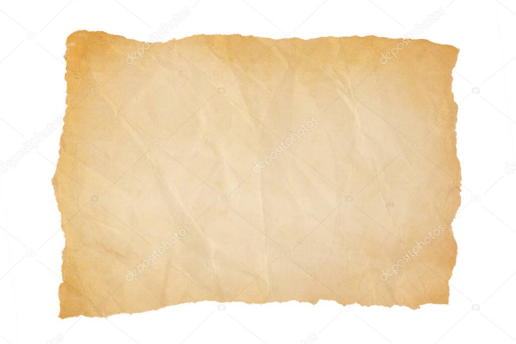 A yellowing, rumpled sheet of paper with creases and wrinkles and torn on all four sides.  Isolated on white