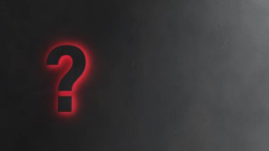 Koyu gri bir arka planda parlayan kırmızı ışıkta koyu bir soru işareti arkaplanının 3D çizimi