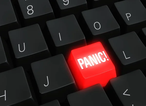 Close Illustration Black Computer Keyboard Bright Glowing Red Panic Key — Stock Photo, Image