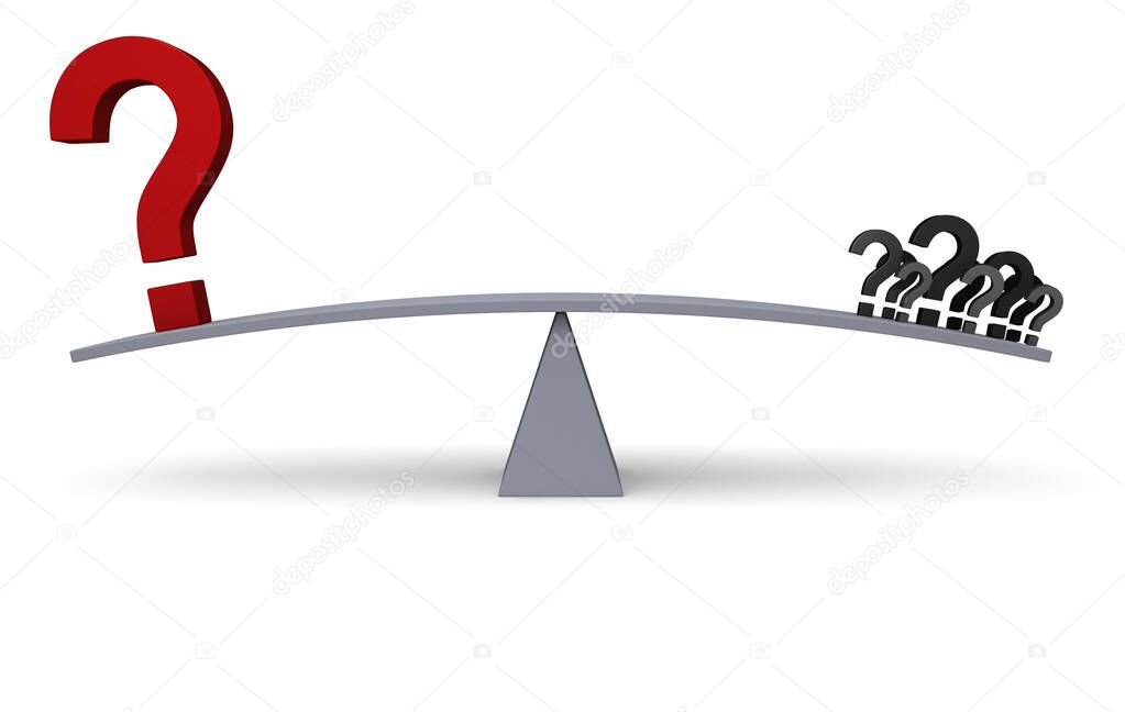 A large, red question mark and a cluster of small dark gray question marks sit on opposite ends of a gray balance beam representing balance and proper priorities in dealing with problems. Illustration, isolated on white.