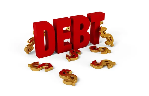 Illustration Large Red Debt Surrounded Scattered Gold Dollar Signs Representing — Stock Photo, Image