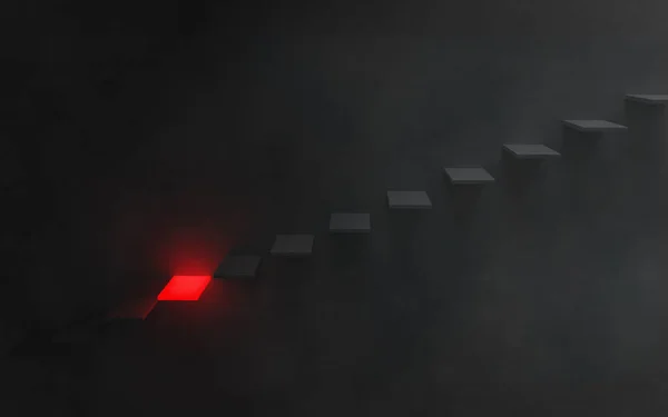 Horizontal view of dimly lit, gray concrete steps descending down into darkness along the side of a gray concrete wall. A step near the bottom emits an ominous, glowing red warning light. 3d Illustration