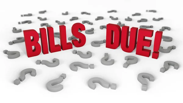 一个大胆的红色 Bills Due 的示例 站得笔直 周围都是灰色的问号 散落在周围的地上 浅色的Dof 重点是 Bills — 图库照片