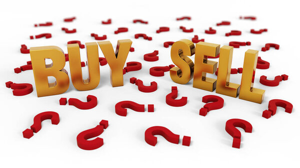 Illustration of bright, gold "BUY" and "SELL" words surrounded by many red question marks laying scattered on the ground around them. Shallow DOF with focus on 'Buy' and Sell'. Isolated on white.