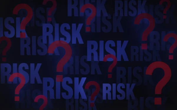 Risk 在黑暗中多次被重复出现 散乱的红色问号被淡入深蓝色的背景中 — 图库照片