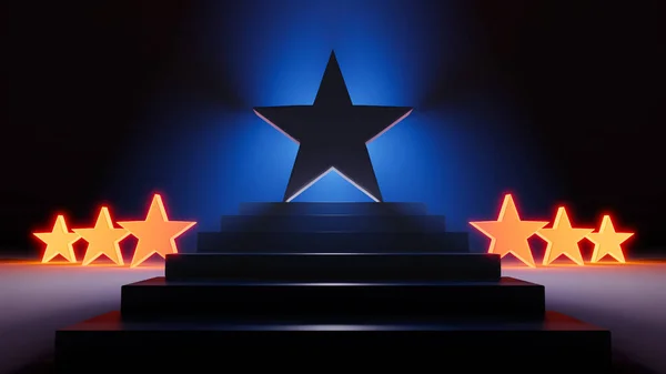 这是一张3D的图片 展示了一颗大而勇敢的恒星胜利地站在黑暗的台阶上 闪烁着蓝色的光芒 两边都是六颗较小 对比鲜明的橙色星星 — 图库照片