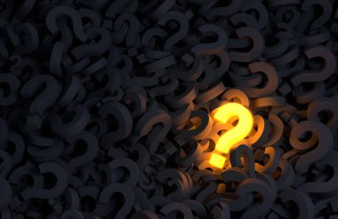 Koyu gri olanlardan oluşan bir denizde göze çarpan parıldayan altın soru işaretinin 3 boyutlu çizimi