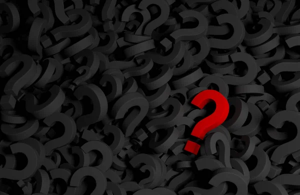 3d illustration of a bold, red question mark standing out in an endless see of dark gray question mark