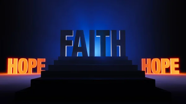 一个3D的大胆的 Faith 的例子 胜利地站在黑暗的台阶上 明亮地反光着蓝色 两边都是明亮的橙色的 Hope — 图库照片
