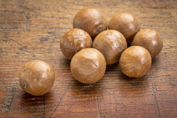 Орехи макадамии на деревенском дереве — стоковое фото