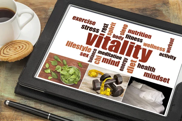 Vitaliteit word cloud op digitale tablet — Stockfoto