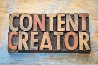 content creator  words in wood type clipart
