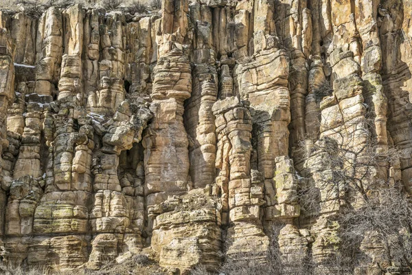 Sandstone cliff with columns and pillars — Stock Photo, Image