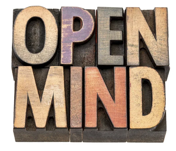 Open mind word abstract in vintage wood type — Stock Photo, Image