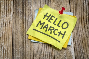 Hello March greetings on a sticky note clipart