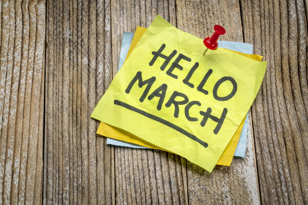 Hello March greetings on a sticky note