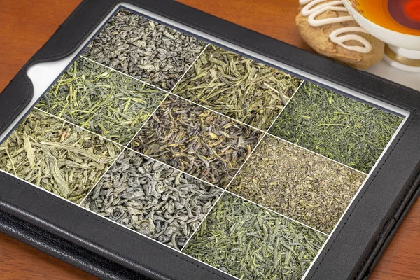 loose leaf green tea background on tablet