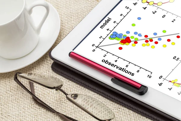 Modelo y gráfico de correlación de datos de observación en tableta —  Fotos de Stock