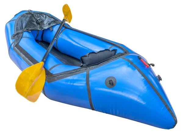 Blue packraft with paddle isolated — Stock Photo, Image