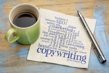 Copywriting kelime bulutu peçete üzerinde