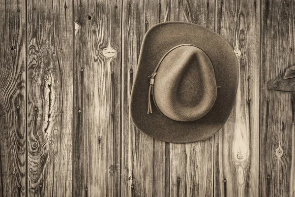 Senti chapéu de cowboy em uma parede do celeiro rústico — Fotografia de Stock