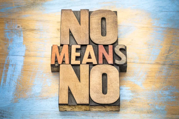 No means ...  anti-rape slogan in wood type — Stock Photo, Image