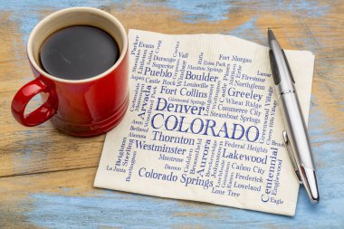 major cities of Colorado word cloud on napkin clipart