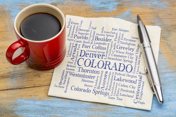 Principais cidades do Colorado nuvem de palavras no guardanapo — Fotografia de Stock