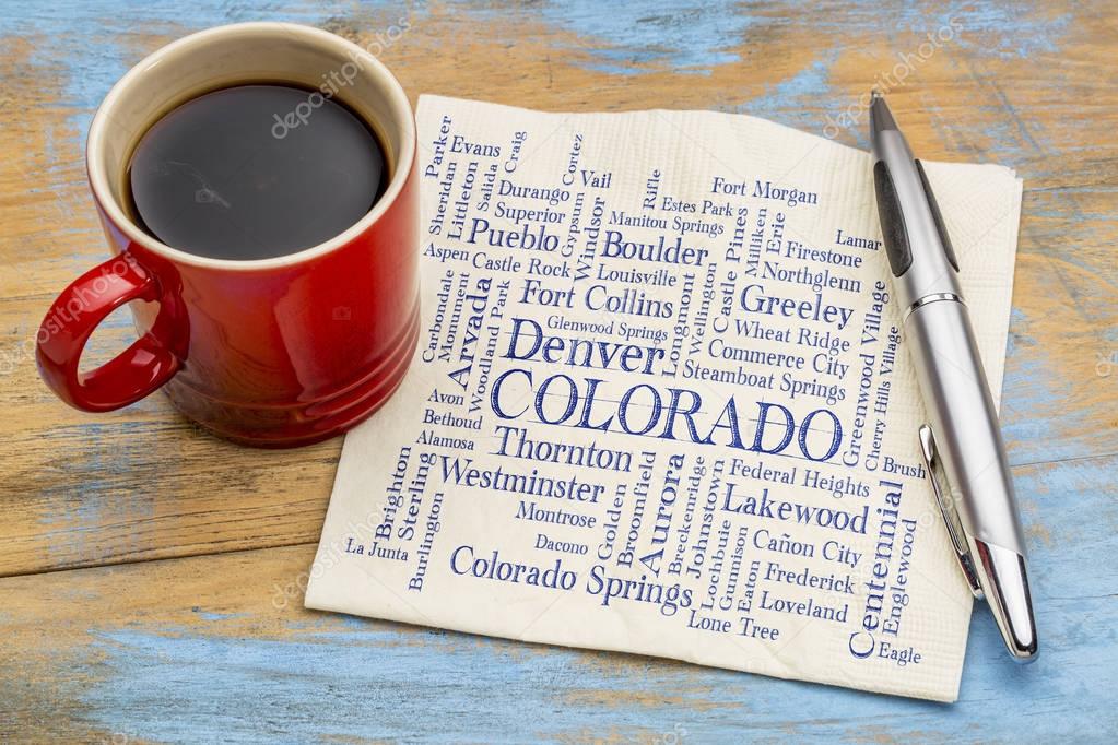 major cities of Colorado word cloud on napkin