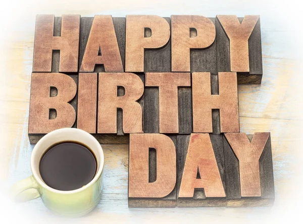 Happy Birthday greeting card in wood type — Stock Photo, Image