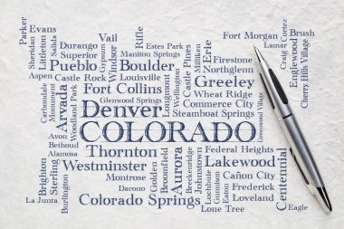 major cities of Colorado word cloud on a lokta paper clipart