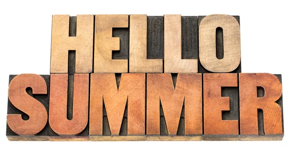 Hello summer - word abstract in wood type — Stock Photo, Image