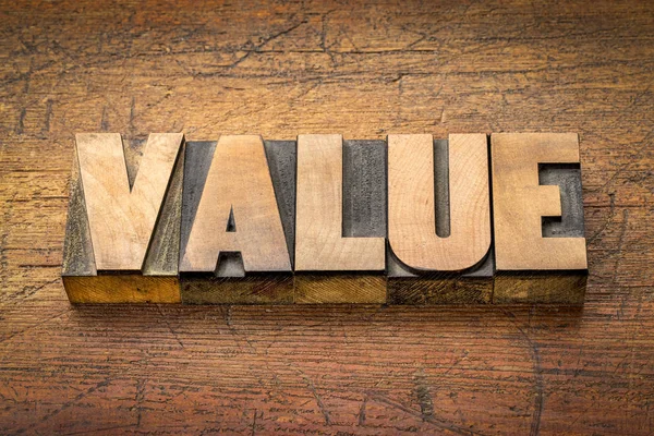 Value word abstract in wood type — Stock Photo, Image