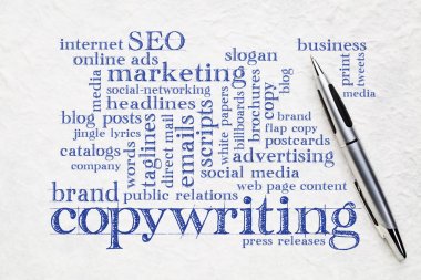 Copywriting kelime bulut kağıt kalem ile