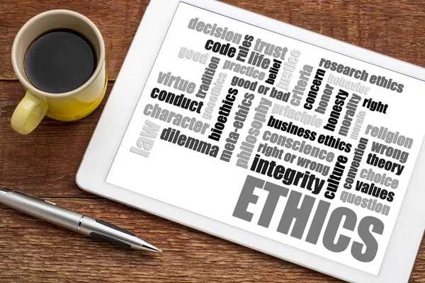 Ethics word cloud on tablet with coffee — Stock Photo, Image