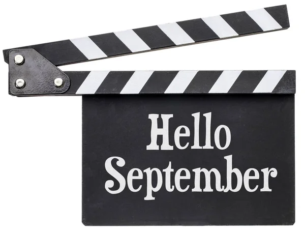 Hola texto de septiembre en clapboard —  Fotos de Stock