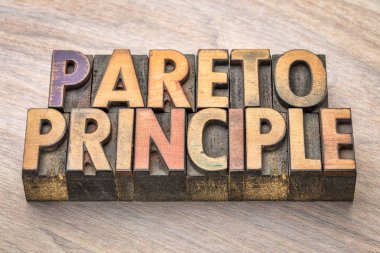Pareto principle word abstract in wood type clipart