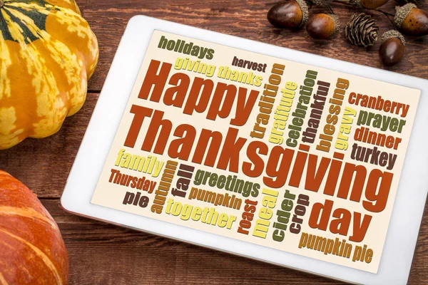 Happy Thanksgiving nuvem palavra em um tablet — Fotografia de Stock