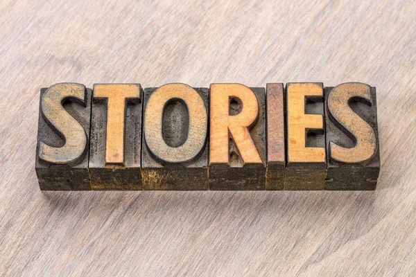 Stories word in vintage letterpress wood type — Stock Photo, Image