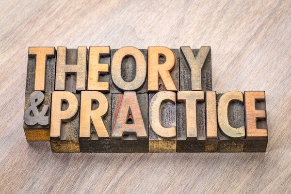 Theory and practice word abstract in wood type — Stock Photo, Image