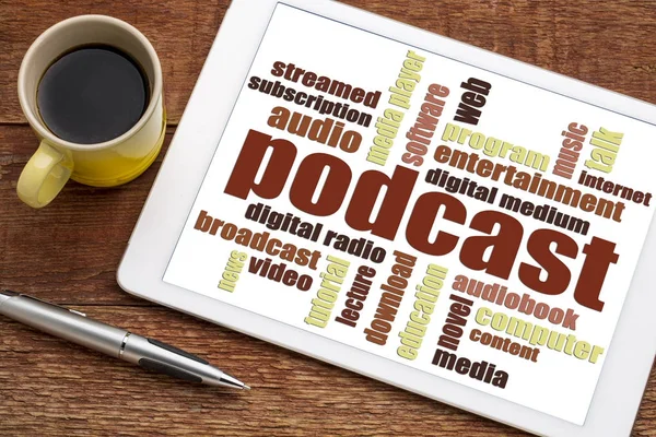 Podcast woord wolk op Tablet PC — Stockfoto