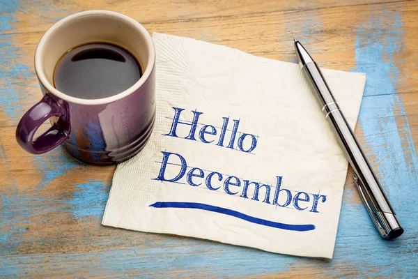 Hallo December opmerking op een servet — Stockfoto