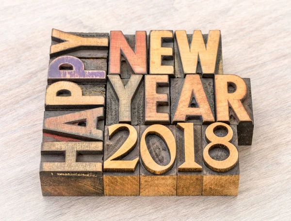 Happy New Year 2018 in wood type — Stock Photo, Image