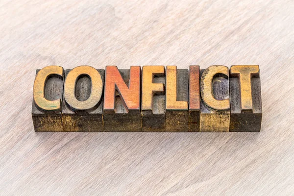 conflict word abstract in wood type