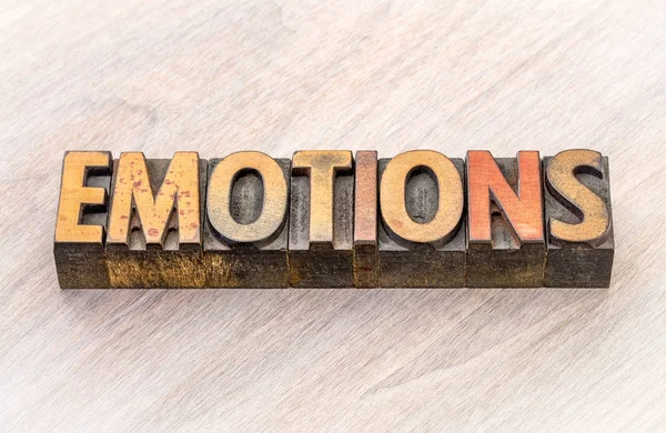 Emotions word abstract in wood type — Stock Photo, Image