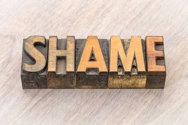 Shame word abstract in wood type — Stock Photo, Image