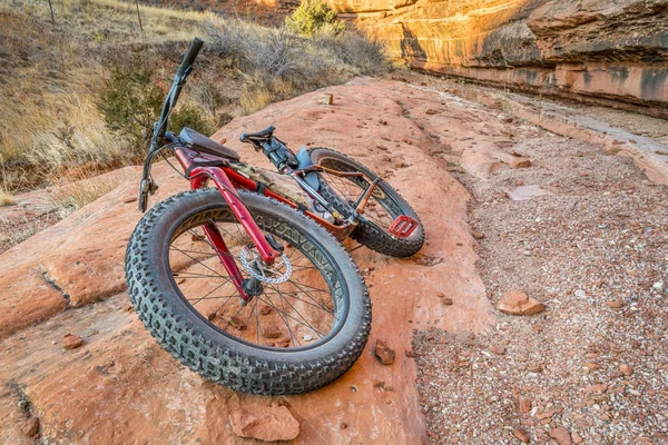 Vet fiets op een rotsformaties aan de onderkant van de canyon zandsteen — Stockfoto