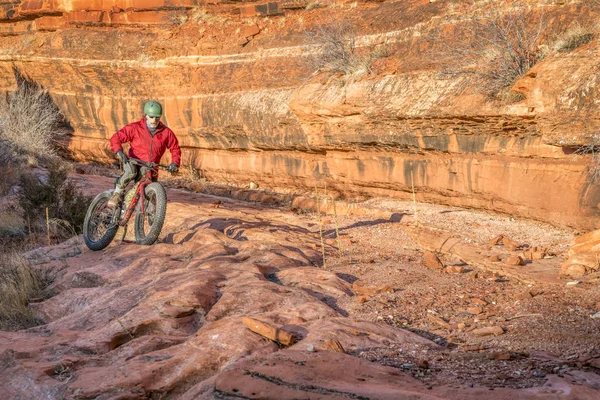 Riding fat bike on slickrock at  canyon bottom — Stock Photo, Image