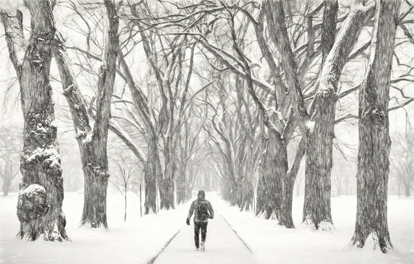 Figura masculina solitária em uma nevasca — Fotografia de Stock