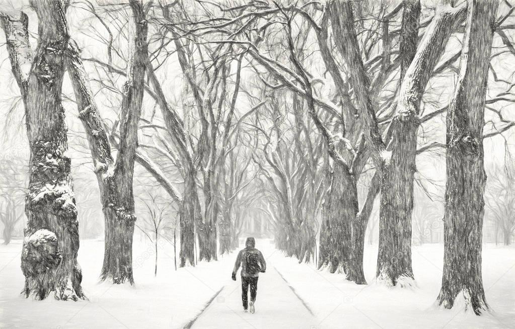 lonely male figure in a blizzard